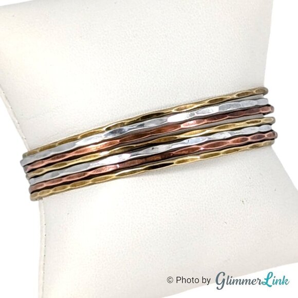 Tri Color 7 Band Hammered Metal Cuff Bracelet - Picture 1 of 8